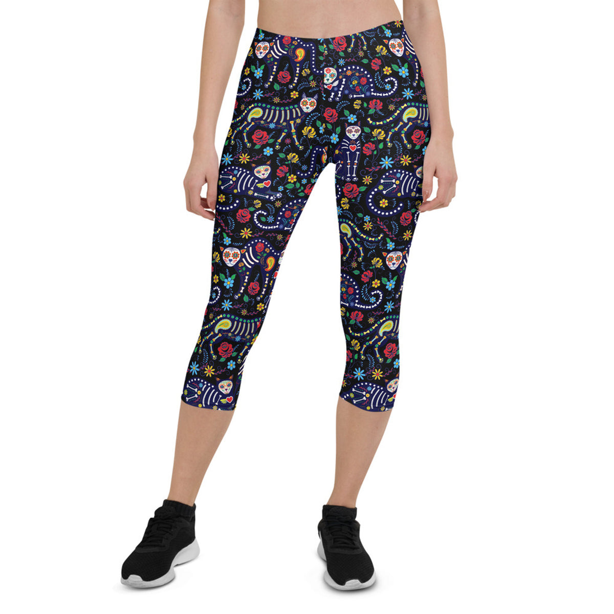 Womens Sugar Skull Cat Capri Leggings