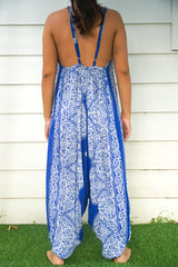 Blue Floral Hippie Jumpsuits, Boho Rompers, Festival Clothing