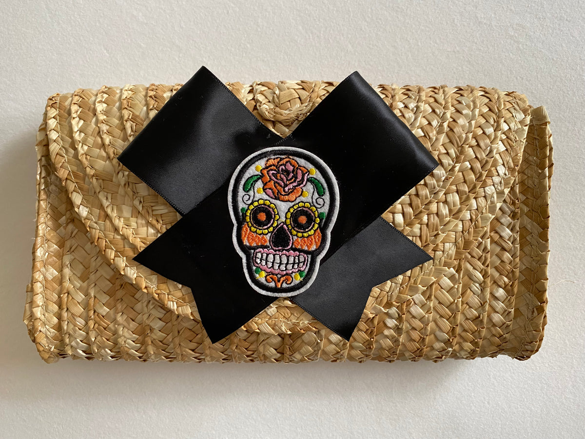 Rattan Straw Clutch with Black Satin Bow & Sugar Skull