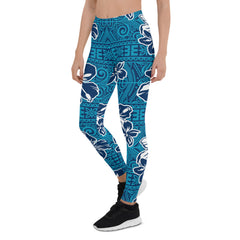 Womens Hawaii Hibiscus Blue Floral Leggings