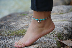 Turquoise Elephant Pendant Boho Silver Anklet