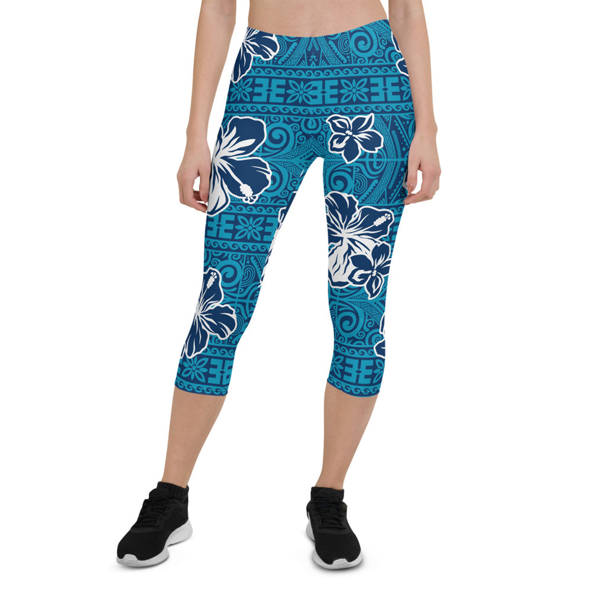 Womens Hawaii Hibiscus Blue Floral Capri Leggings