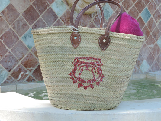 Straw Bag with Hand-Painted Red Bulldog