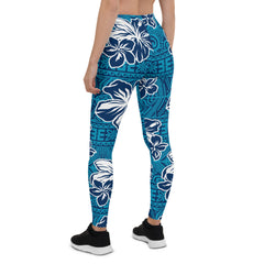 Womens Hawaii Hibiscus Blue Floral Leggings