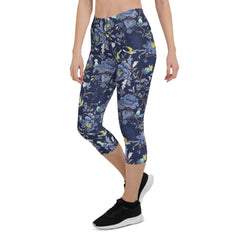 Oriental Floral Capri Leggings on Navy Blue