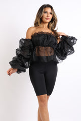 Sexy Organza Sleeve Detailed Top & Matching Shorts 2 Piece Set Black