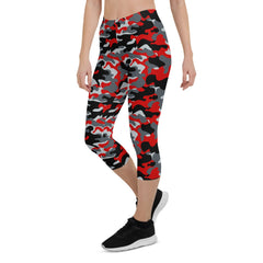 Red and Gray Camo Capri Leggings for Women