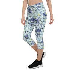 Oriental Floral Capri Leggings on Light Blue