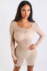 Sexy Cut Out Detailed Long Sleeve Mesh Sheer Dress NUDE