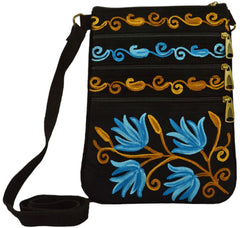 Blue And Taupe Suede Embroidered Cross-Body Bag