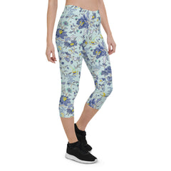 Oriental Floral Capri Leggings on Light Blue