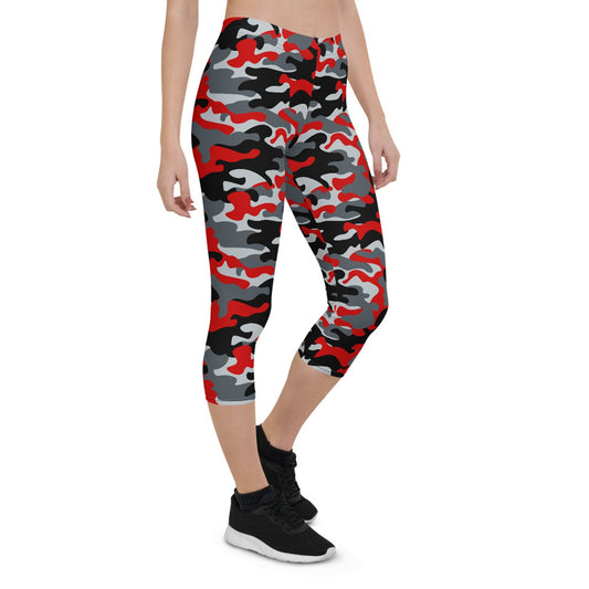 Red and Gray Camo Capri Leggings for Women