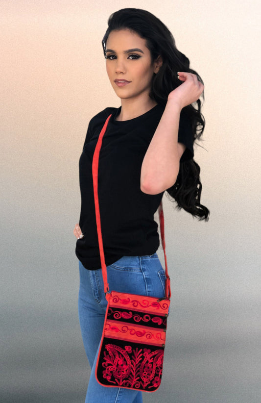 Suede Embroidered Black and Red Five Zipper Crossbody Bag