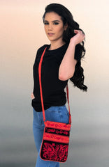 Suede Embroidered Black and Red Five Zipper Crossbody Bag