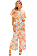 Orange Vibrant Floral Print Blouse and Wide Leg Pants Set