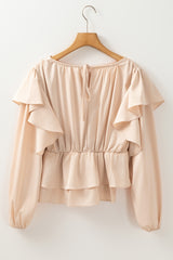 Oatmeal Elegant Satin Ruffle Long Sleeve Blouse