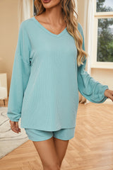 Mist Blue Corded V Neck Slouchy Top & Pocketed Shorts Set