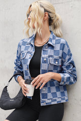 Light Blue Checkered Patchwork Button Up Denim Jacket