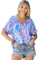 Pink Boho Abstract Floral Print V Neck T Shirt