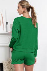 Green Textured Long Sleeve Top & Drawstring Shorts Set