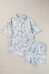 Sky Blue Tropical Print Button-Up Shirt & Shorts Lounge Set