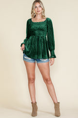 Blackish Green Smocked Ribbed Velvet Babydoll Top