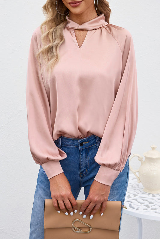 Pink Elegant Keyhole Long Sleeve Satin Blouse