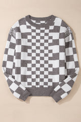 Khaki Checkered Drop Shoulder Round Neck Sweater