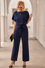 Dark Blue Solid Color Casual Belted Wide Leg Jumpsuit