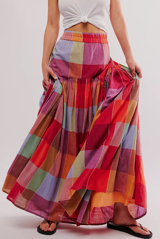 Multicolor Plaid Boho High Waist Maxi Skirt