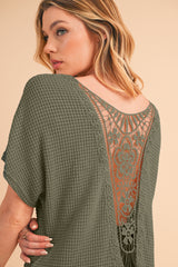 Oatmeal Guipure Lace Splicing Back Waffle Textured T-shirt