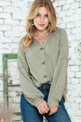 Green Exposed Seam Button Front Waffle Knit Cardigan