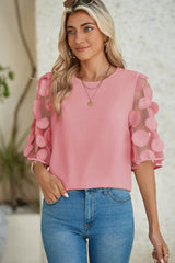 Dusty Pink Applique Mesh Splicing Sleeve Blouse