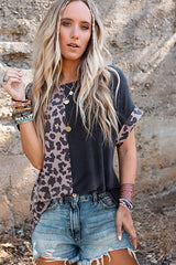 Black Leopard Print Color Block Rolled Up Sleeve Casual T Shirt