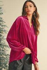 Pitaya Pink Velvet Buttoned V Neck Chest Pocket Shirt