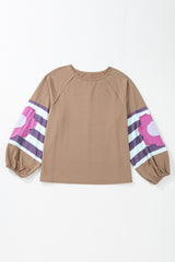 Light French Beige Flower Striped Patchwork Sleeve Plus Size Sweatshirt