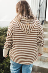 Brown Stripe Drop Sleeve Plus Size Henley Hoodie