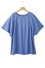 Ashleigh Blue Solid Color Frill Short Sleeve Frayed Hem Plus Top