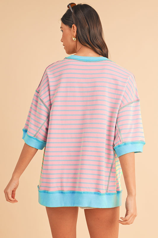 Pink Stripe Colorblock Drop Sleeve Oversized T Shirt