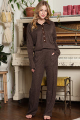 Black Ribbed Henley Shirt and Wide Leg Pants Loungewear Set