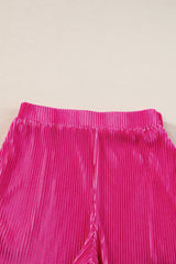 Bright Pink Ribbed Pleated Tee and Pocketed Shorts Set