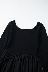 Black Pleated Hem Long Sleeve Ribbed Knit Top