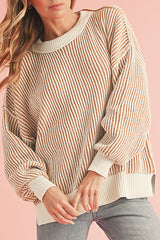 Chestnut Striped Contrast Trim Loose Sweater