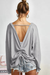 Grey Waffle Knit Cinched Backless Drop Shoulder Long Sleeve Top