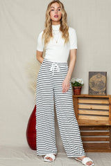 White Striped Casual Drawstring Wide Leg Pants with Pockets