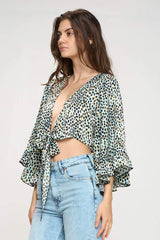 Animal Print Tie-Front Crop Top with Flared Sleeves