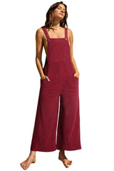 Red Corduroy Side Pockets Wide Leg Overall