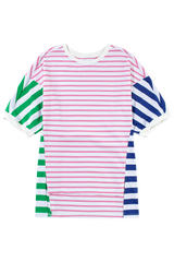 Blue Stripe Patchwork Slits Baggy T Shirt