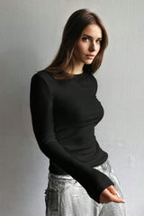 Black Fleece Lined Slim Fit Basic Long Sleeve Top