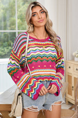 Rose Red Colorblock Striped Hollowed Knit Loose Sweater